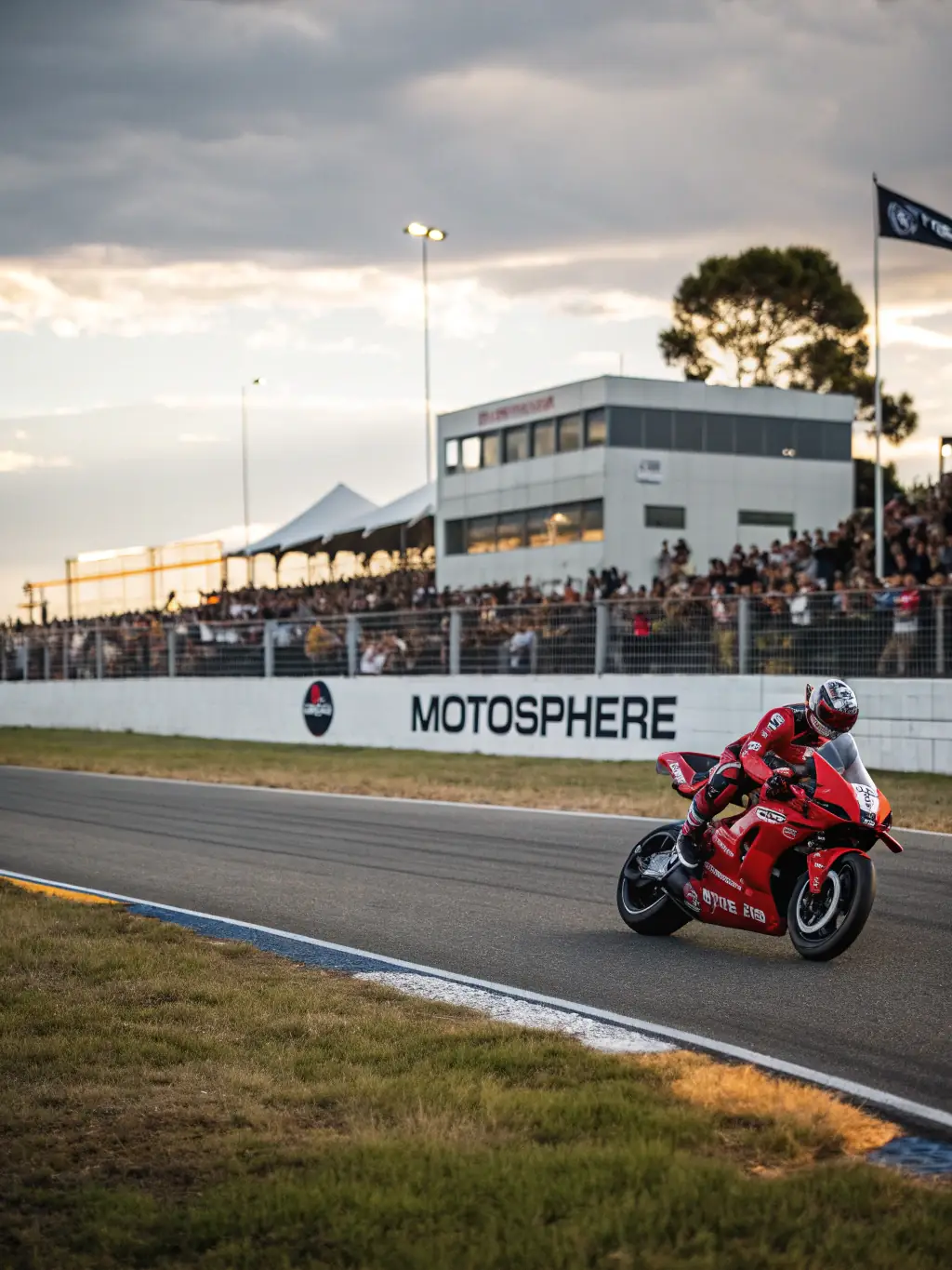 A MotoGP motorcycle leaning into a turn at high speed on a racetrack, demonstrating the skill and speed of MotoGP racing. The image should emphasize the dynamic nature of the sport.