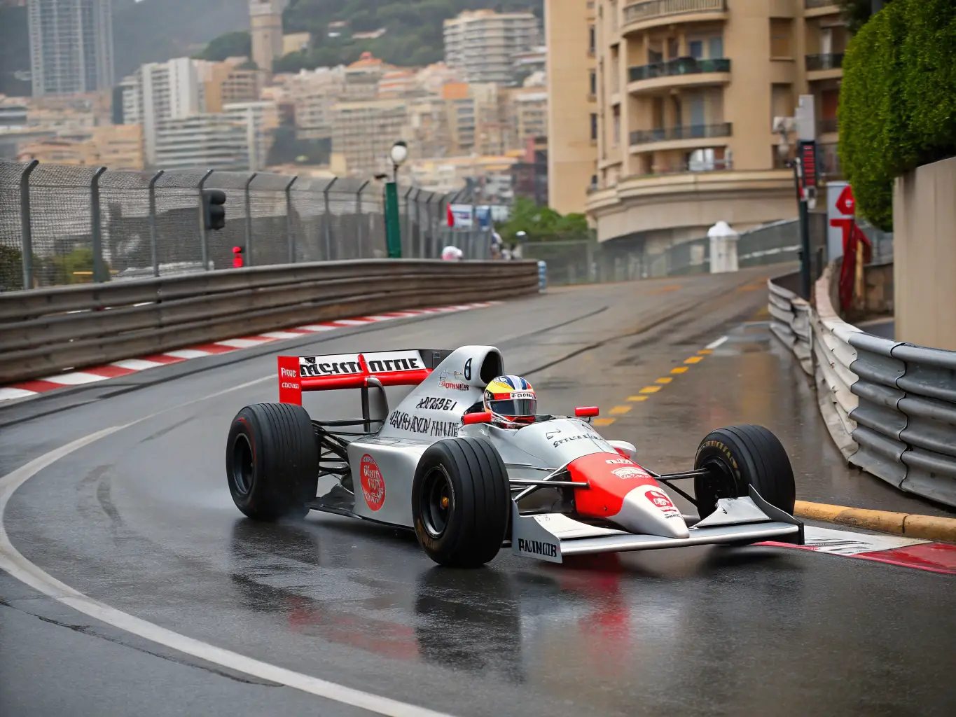 A high-speed Formula 1 car races around the Monaco circuit, showcasing the tight turns and glamorous backdrop. The image captures the intensity and excitement of the race.