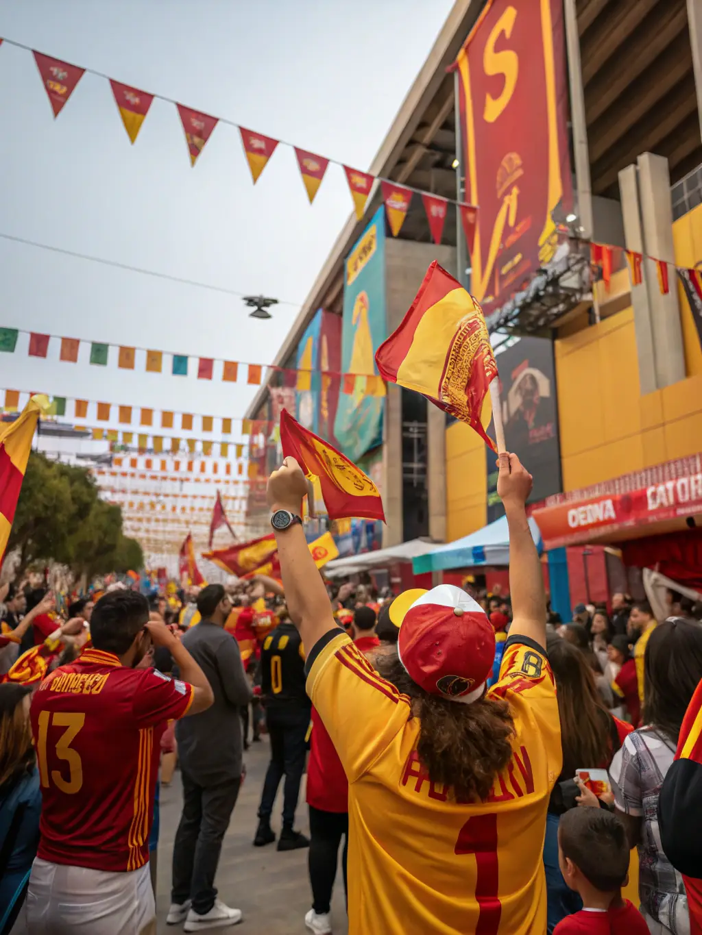 A vibrant image of fans cheering at a UEFA Champions League match, showcasing the excitement and energy of the event. The stadium is packed, and the atmosphere is electric.