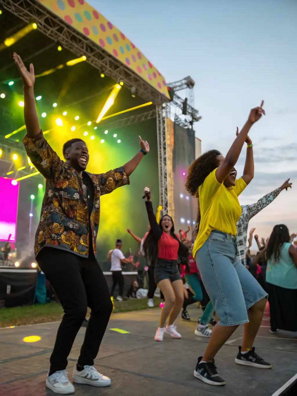 A lively concert scene with a large crowd enjoying a performance, capturing the energy and excitement of a live concert. The image should convey the fun and atmosphere of the event.