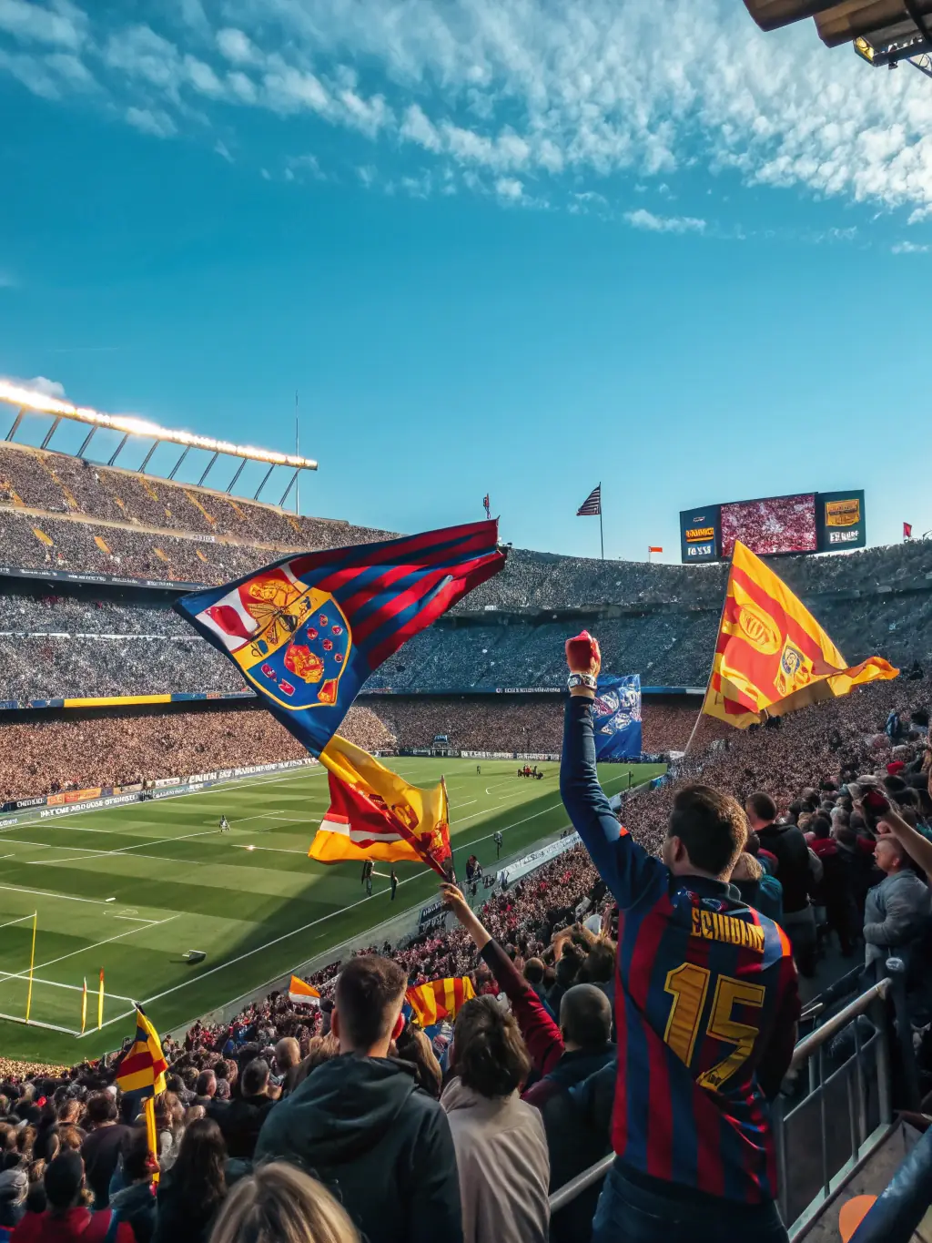An exciting football stadium filled with cheering fans during a match, showcasing the vibrant atmosphere and passion of the sport. The image should convey the thrill of attending a live football game.
