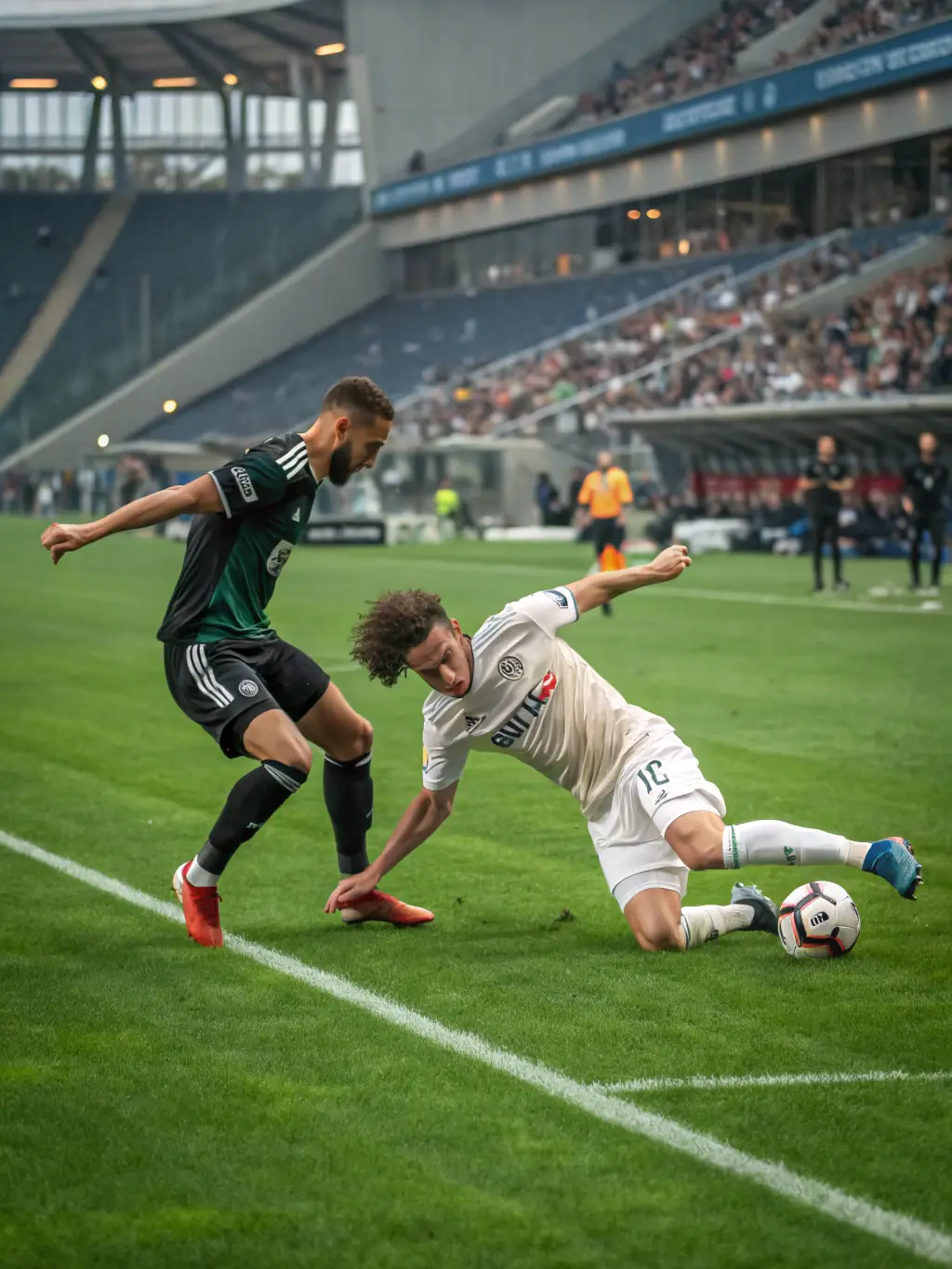 An action shot from a Premier League match between Manchester United and Liverpool, capturing the intensity and skill of the game.